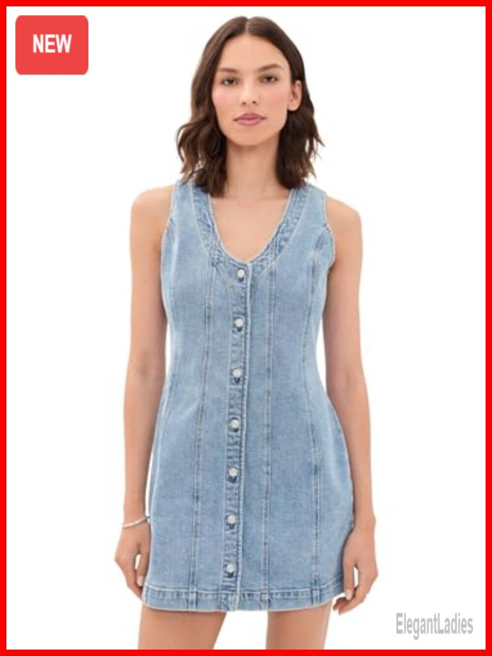 Mid-Weight Low-Stretch Denim Mini Dress Sleeveless V-Neck Paneled Casual